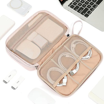 NISHEL Travel Cord Organizer Case, Double Layers Tech Electronic Bag, Essentials for Charger, Cable, Phone, Flash drive, Large, Pink