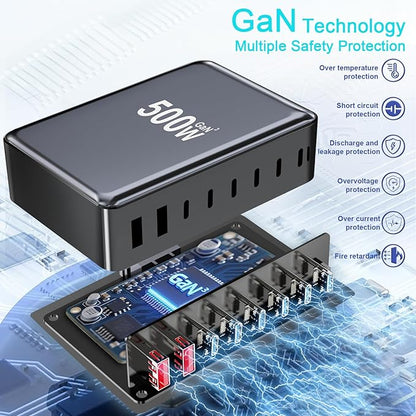 500W USB C Charger Block, 8-Port Fast USB Charging Station Dual PD 100W GaN Ⅲ Pro Charging Station For Multiple Devices, Laptop Charger Adapter Compatible with MacBook, DELL, iPad, iPhone, Samsung etc