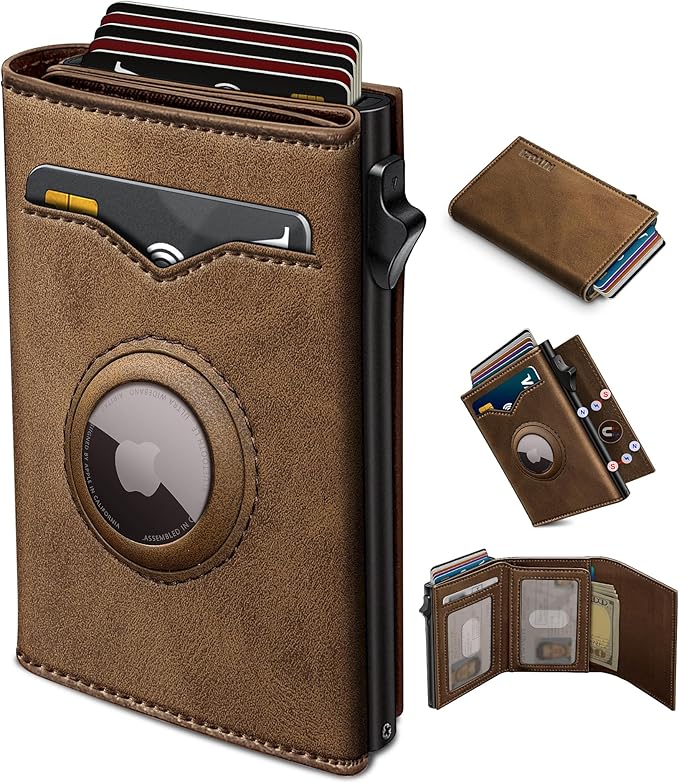 Airtag Wallet for Men,with Cash Pocket 2 ID Window 9-12 Cards,Metal Case Smart Slim Pop Up Credit Card Holder Flip with Magnetic Closure RFID Blocking Trifold wallet with Gift Box