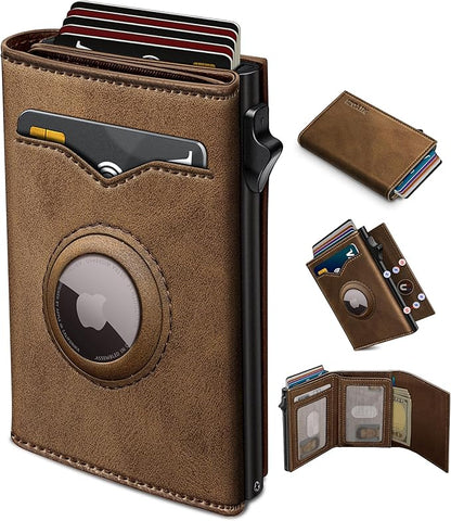 Airtag Wallet for Men,with Cash Pocket 2 ID Window 9-12 Cards,Metal Case Smart Slim Pop Up Credit Card Holder Flip with Magnetic Closure RFID Blocking Trifold wallet with Gift Box