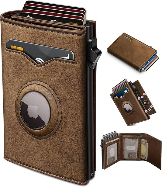 Airtag Wallet for Men,with Cash Pocket 2 ID Window 9-12 Cards,Metal Case Smart Slim Pop Up Credit Card Holder Flip with Magnetic Closure RFID Blocking Trifold wallet with Gift Box