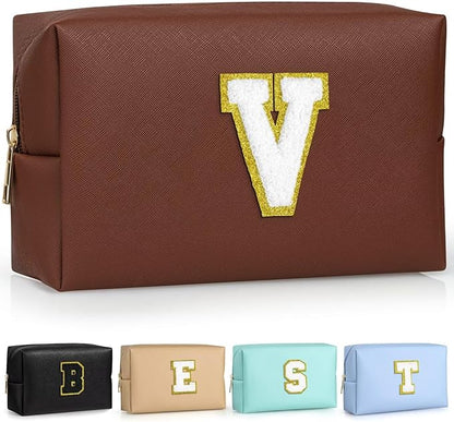 TOPEAST Initial Makeup Bags for Women, Personalized Portable Cosmetic Bag for Travel, Cute Makeup Pouch, PU Leather Waterproof Toiletry Bag, Preppy Things for Girl (Brown V)