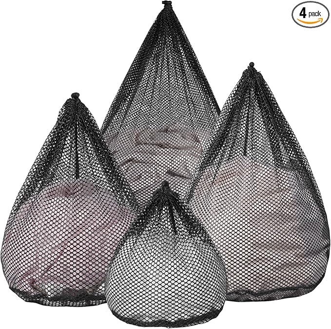 4Pcs Mesh Laundry Bags Washing Machine Mesh Wash Bags Jumbo for Delicates Clothes,Bed Linen,Toys with Drawstring Closure Sturdy (Black, Pack 4 Pcs)