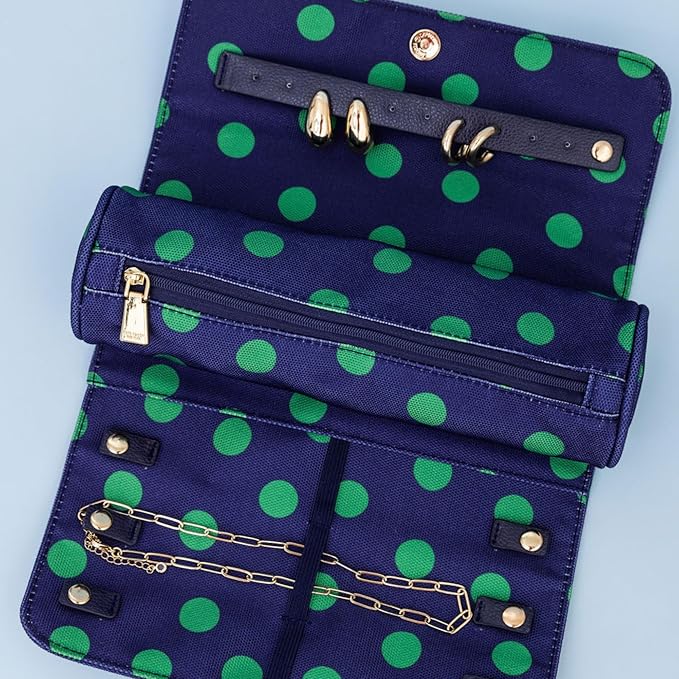 Kate Spade New York Travel Jewelry Case Organizer - Fabric Box for Women, Cute Organizer Holds Necklaces, Rings, Bracelets - Small Jewelry Roll (Sonnet Dot)