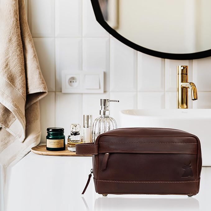 Leather Farm Premium Buffalo Leather Toiletry Bag for Men & Women - Dopp Kit With Water Resistant Lining, Shaving Pouch, Unisex Wash Bag For Toiletries, Gifts For Men and Women - Dark Brown