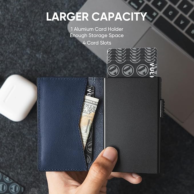 VULKIT Men's Slim Wallet Pop Up Card Holder RFID Blocking Metal Wallet Minimalist Design Holds Up to 11 Cards, Nappa Leather