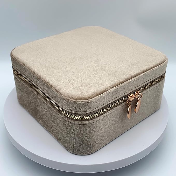Large Velvet Travel Jewelry Organizer and Storage Case with Zipper Around,Jewelry Box (Champagne)