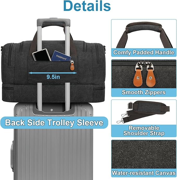 Duffle Bag for Travel, Expandable 50L Canvas Weekender Bag, Overnight Bag Travel Duffel Bag for Men Carry On Luggage with Removable Shoulder Strap, Durable & Water-Resistant