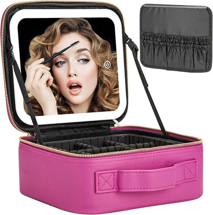 Makeup Travel Train Case with Mirror LED Light 3 Adjustable Brightness Large Cosmetic Bag Portable Storage Adjustable Partition Waterproof Makeup Brushes Make up Jewelry Gift for Women
