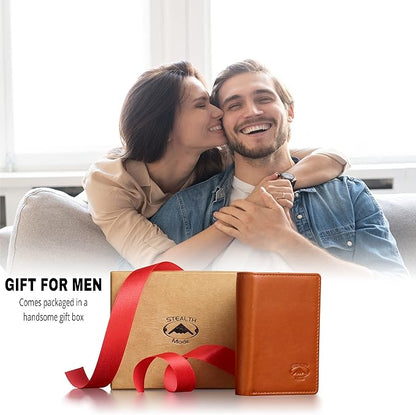 Stealth Mode Trifold Wallet - RFID Blocking Wallet with Flip ID Holder - Leather Case for Money, Credit Cards - Mens Organizer, Divided Billfold, Identity Protection - Men's Gifts (Light Brown)