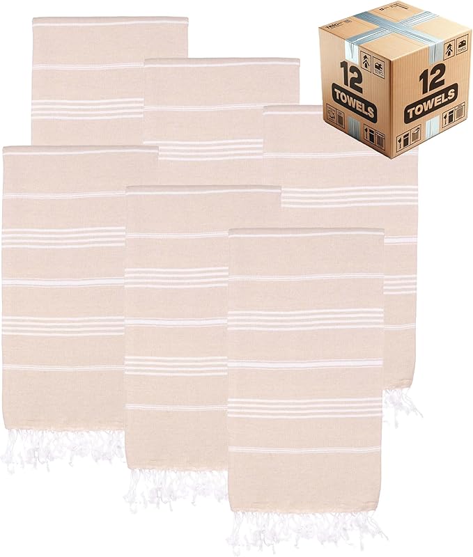 Turkish Beach Towels, Bulk Case of 12 | Oversized, Quick Dry, Sand Free | 100% Cotton, Large 38x71 Towels for Beach, Pool, Travel | Ultra-Soft, Compact, Absorbent | Beige