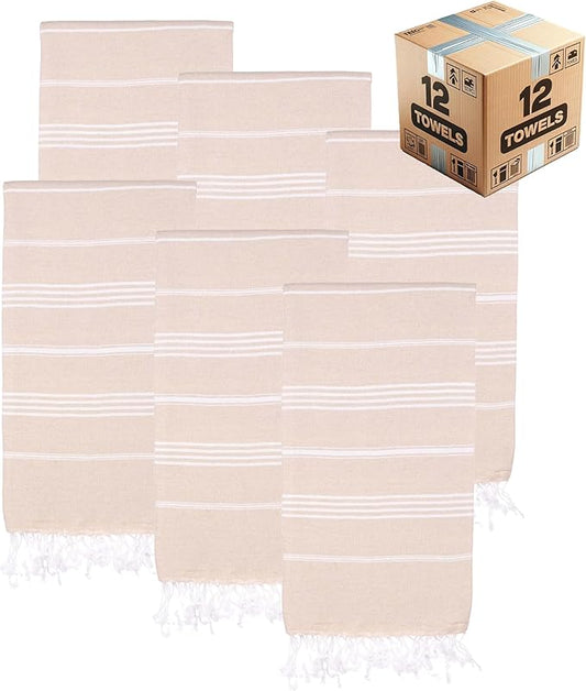 Turkish Beach Towels, Bulk Case of 12 | Oversized, Quick Dry, Sand Free | 100% Cotton, Large 38x71 Towels for Beach, Pool, Travel | Ultra-Soft, Compact, Absorbent | Beige