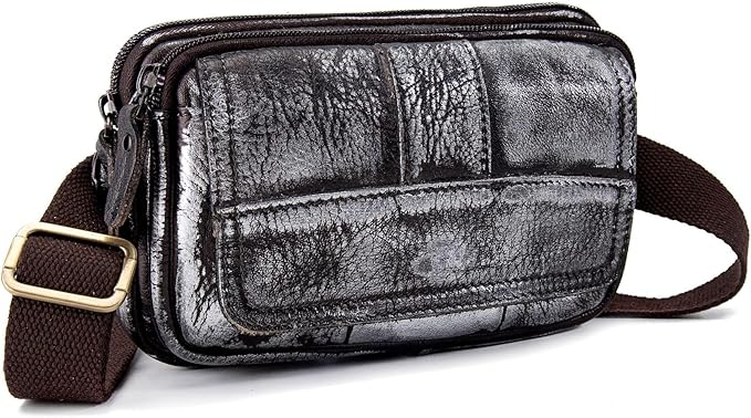 Compact Genuine Leather Waist Pack for Men Phone Fanny Pack Small Chest Messenger Bag with Adjustable Belt Gifts for Men (Silver)