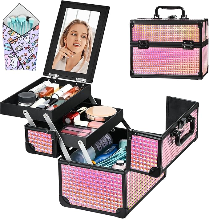 Makeup Case Organizer,Makeup Train Case, Trays Cosmetic Box Portable, Profesional for Salon Barber,Black Bright Pink
