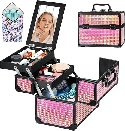 Makeup Case Organizer,Makeup Train Case, Trays Cosmetic Box Portable, Profesional for Salon Barber,Black Bright Pink