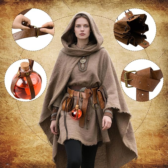 Renaissance Belt Pouch Viking Leather Medieval Belt Waist Bag Pirate Cosplay Festival Halloween Adjustable Accessories (Pouch-Brown)