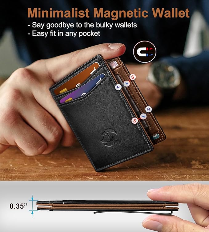 Magnetic Closure Slim Wallet for Men with Money Clip Gift Boxed,Genuine Leather Front Pocket Wallet, 3.9"x 2.7", RFID Blocking