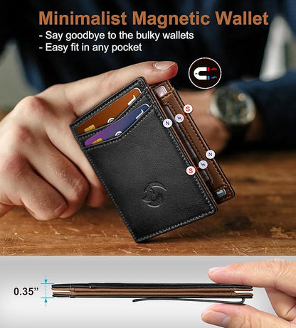 Magnetic Closure Slim Wallet for Men with Money Clip Gift Boxed,Genuine Leather Front Pocket Wallet, 3.9"x 2.7", RFID Blocking