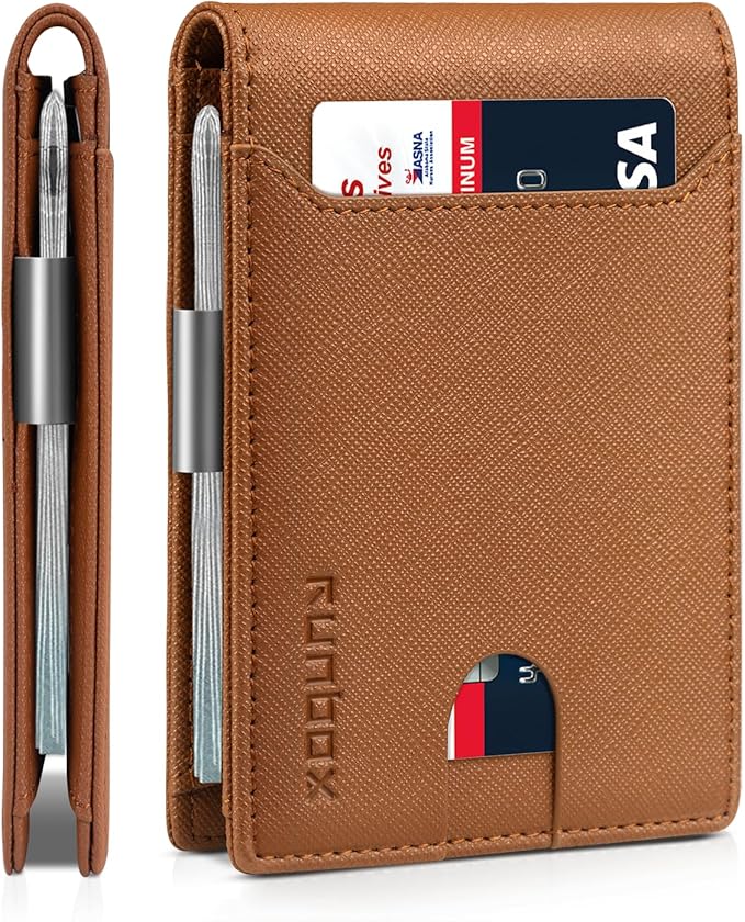 RUNBOX Slim Wallets for Men - Leather Money Clip Mens Wallet - RFID Blocking Front Pocket Bifold Wallet - Thin Credit Card Holder with Gift Box