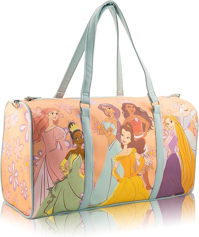 Disney Princess Mini Duffle Bag for Kids | Princess Travel Bag for Girls with Belle, Ariel, Tiana & More | Small Weekender Tote with Shoulder Strap | Ages 3+