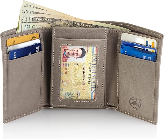 Stealth Mode Trifold Wallet - RFID Blocking Wallet with Flip ID Holder - Leather Case for Money, Credit Cards - Mens Organizer, Divided Billfold, Identity Protection - Men's Gifts (Grey)