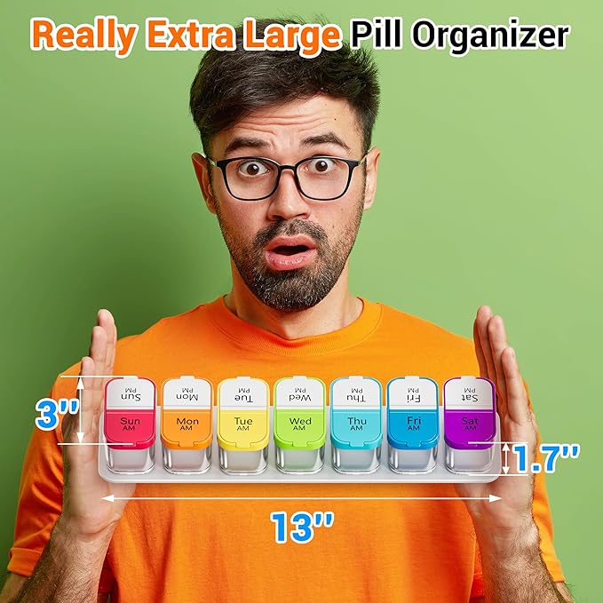 Daviky Extra Large Pill Organizer 7 Day, XL Weekly Pill Box 2 Times a Day, AM PM Medicine Pill Organizer for Supplement, Big Daily Pill Case with Large Container to Hold Vitamins and Medications