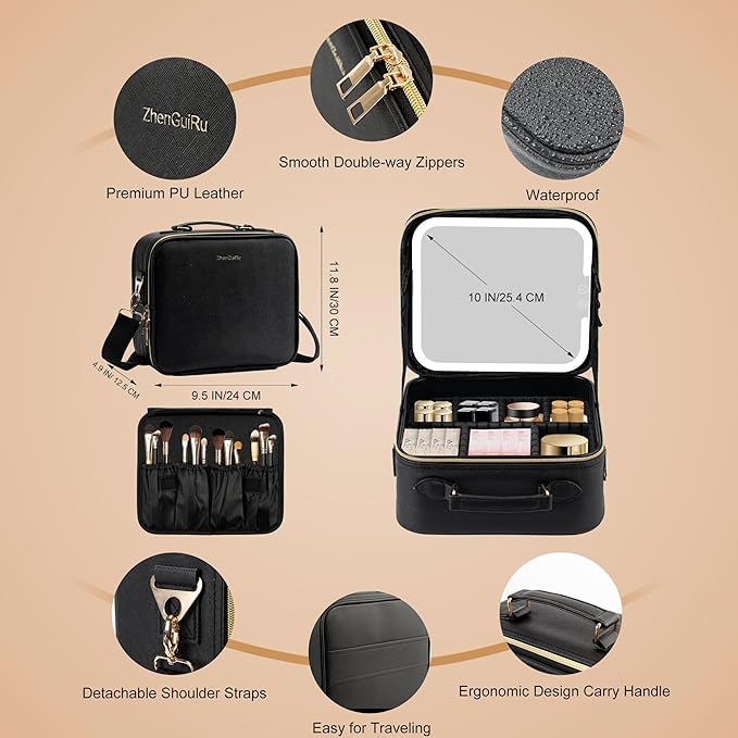 SJD Travel Makeup Bag with LED Mirror, Portable Cosmetic Case Organizer with Lighted Mirror, Waterproof Makeup Case for Cosmetic Brush Holder Storage, Black Toiletry Bag for Women Gift