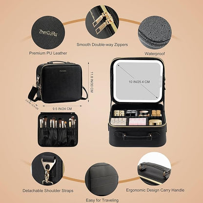SJD Travel Makeup Bag with LED Mirror, Portable Cosmetic Case Organizer with Lighted Mirror, Waterproof Makeup Case for Cosmetic Brush Holder Storage, Black Toiletry Bag for Women Gift