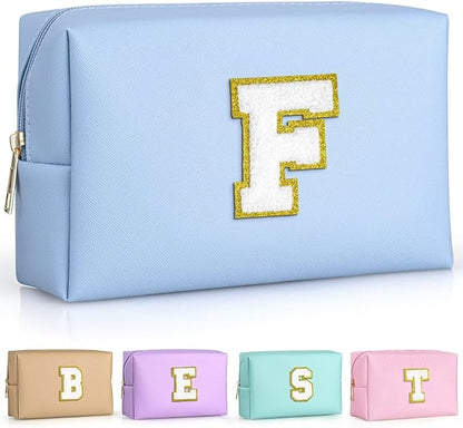 TOPEAST Preppy Makeup Bag, Small Cosmetic Travel Bags for Women, PU Leather Waterproof Toiletry Bag with Zipper, Personalized Birthday Gift for Women Girl, Preppy Gifts for Girl (Sky Blue F)