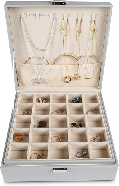 Frebeauty Earring Organizer Classic Jewelry Box 50 Slots Double Layer Jewelry Storage Case with 6 Necklace Hook and Bracelet Pocket(Grey)