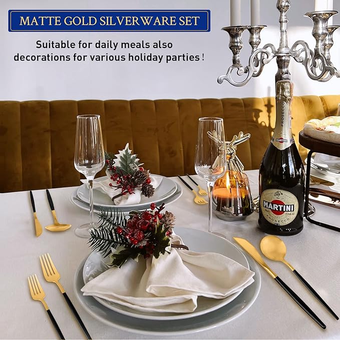 Black and Gold Silverware Set for 8, 40-Piece Matte Handle Flatware, Stainless Steel Cutlery Tableware, Kitchen Utensils Include Spoons and Forks, Dishwasher Safe