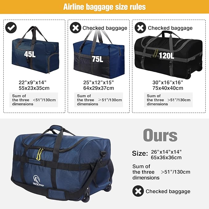 REDCAMP 85L/120L/140L Foldable Duffle Bag with Wheels, Large Travel Duffel Bag