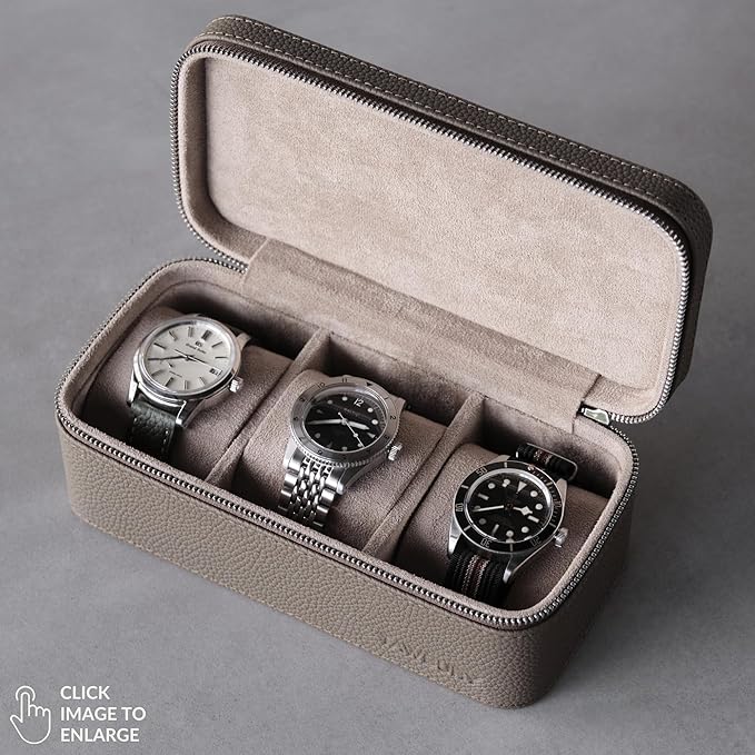 TAWBURY Luxury Leather Watch Box Unisex – Mens Travel Watch Case Zipper Closure | Taupe Top-Grain Genuine Leather Watch Travel Roll | Real Leather Watch Boxes for Men Travel | 3 Watch Carrying Case