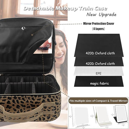 Travel Makeup Bag Cosmetic Bag Makeup Organizer Bag with Lighted Mirror, Adjustable Brightness in 3 Color Scenarios, Waterproof Makeup Train Case, Gift for Women - Leopard Brown