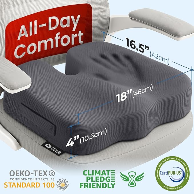 5 STARS UNITED Seat Cushion for Tailbone Pain Relief – Large Memory Foam Lifting Pillow for Coccyx, Hip, Sciatica & Post-Surgery Recovery – Wheelchair, Car, Desk, Gaming & Office Chairs, Dark Gray