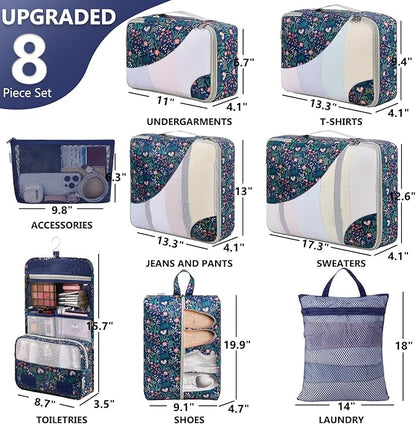 8 Set Packing Cubes for Travel,Gifts for Women Mom,Anti-Tearing Suitcase Organizer for Luggage with Shoe & Hanging Toiletry Bag,Vacation Essentials & Accessories for Cruise Ship,Dark Blue Floral