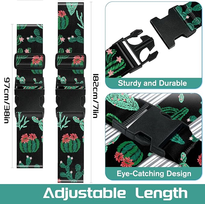 Slohif Luggage Straps for Suitcases Travel Belt Accessories Luggage Connector Identifiers Over Handle with Buckle Unique Boho Nylon Adjustable Strap for Sleeping Bag Car Seat Cactus (2 Pack)