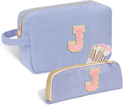 Personalized Initial Makeup Bag Trendy Stuff Corduroy Cosmetic Bag Travel Toiletry Bag, Christmas/Thanksgiving/Halloween Gifts Makeup Organizer Case for Women Girls Mom Girlfriend Wife - Blue