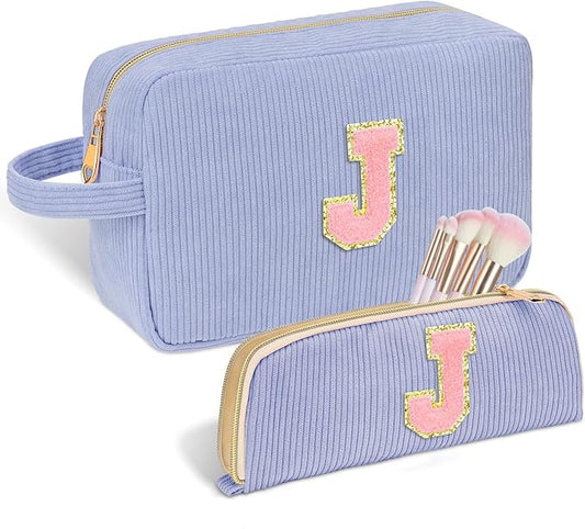 Personalized Initial Makeup Bag Trendy Stuff Corduroy Cosmetic Bag Travel Toiletry Bag, Christmas/Thanksgiving/Halloween Gifts Makeup Organizer Case for Women Girls Mom Girlfriend Wife - Blue