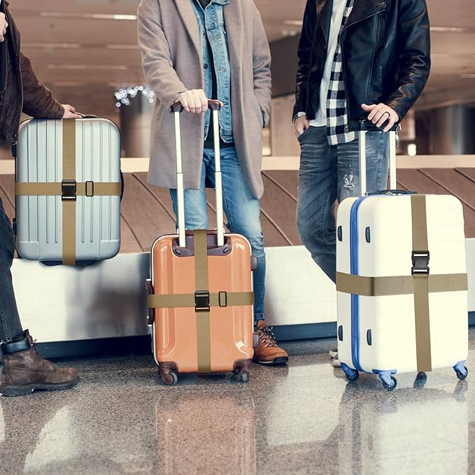 Weewooday 8 Pcs Luggage Straps Suitcase Tags Set for TSA Approved, 4 Travel Adjustable Suitcase Belt, 4 Silicone Luggage Tags with Name ID Card Travel Accessories(Khaki,Airplane)