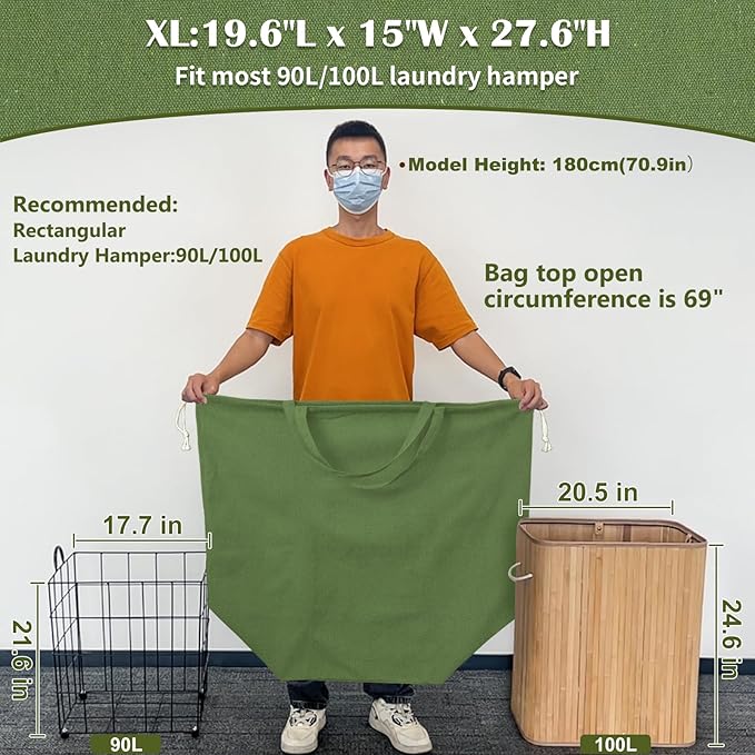 Canvas Laundry Bags with Handles & Rectangular Base, 90L Extra Large Heavy Duty Laundry Basket Hamper Liner Replacement, Washable Cotton Drawstring Dirty Clothes Bag (Army Green)