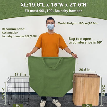 Canvas Laundry Bags with Handles & Rectangular Base, 90L Extra Large Heavy Duty Laundry Basket Hamper Liner Replacement, Washable Cotton Drawstring Dirty Clothes Bag (Army Green)