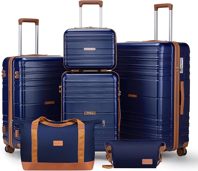 Luggage Sets 6 Piece with Spinner Wheels, Lightweight Hardshell Suitcase Set with TSA Lock, Carry On Checked Luggage with Travel Bag & Toiletry Bag(Navy, 6 piece sets（14/20/24/28/DB/TB）)