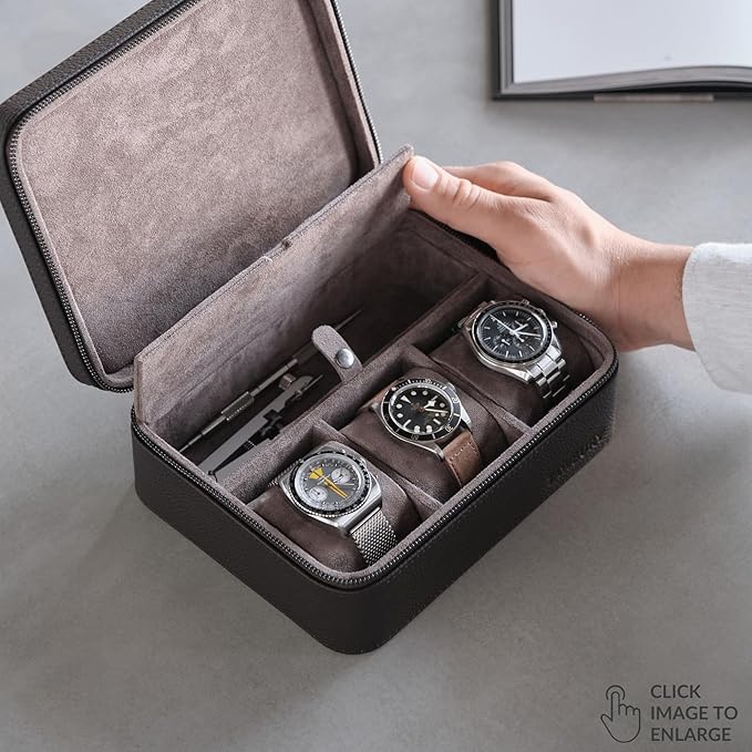 TAWBURY 3 Watch Case with Storage Compartment – Top-Grain Leather Watch Travel Case for Men | Leather Watch Roll Travel Case | Travel Watch Cases for Men | Travel Watch Box for Men Leather