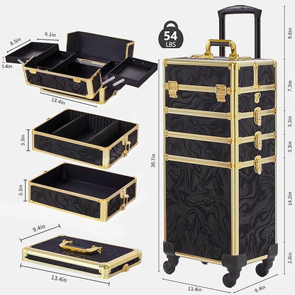 Rolling Makeup Case, Makeup Train Case with Lid, 5 in 1 Cosmetology Case on Wheels, Christmas Gift, Large Makeup Organizers, Profesional Cosmetic Case for Salon Barber, Pattern Black Gold