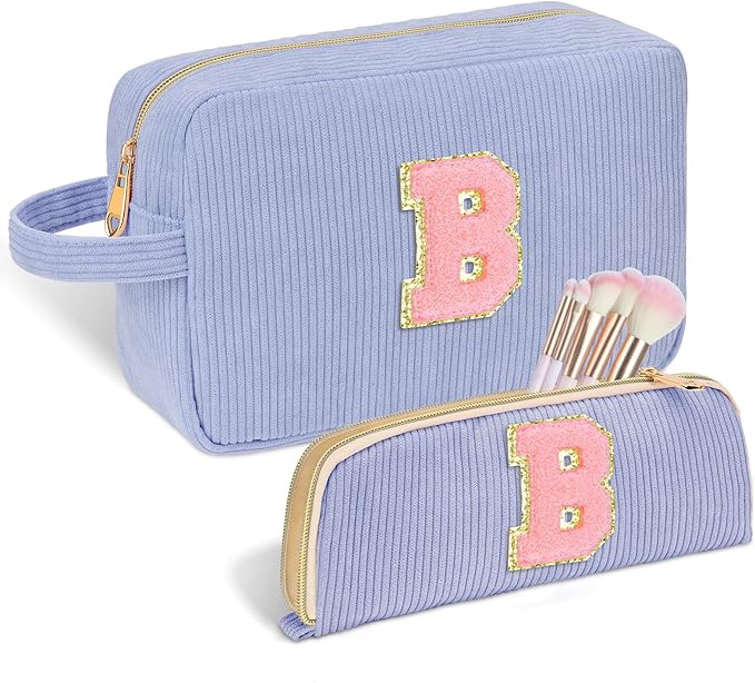 Personalized Initial Makeup Bag Trendy Stuff Corduroy Cosmetic Bag Travel Toiletry Bag, Christmas/Thanksgiving/Halloween Gifts Makeup Organizer Case for Women Girls Mom Girlfriend Wife - Blue
