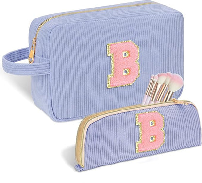 Personalized Initial Makeup Bag Trendy Stuff Corduroy Cosmetic Bag Travel Toiletry Bag, Christmas/Thanksgiving/Halloween Gifts Makeup Organizer Case for Women Girls Mom Girlfriend Wife - Blue