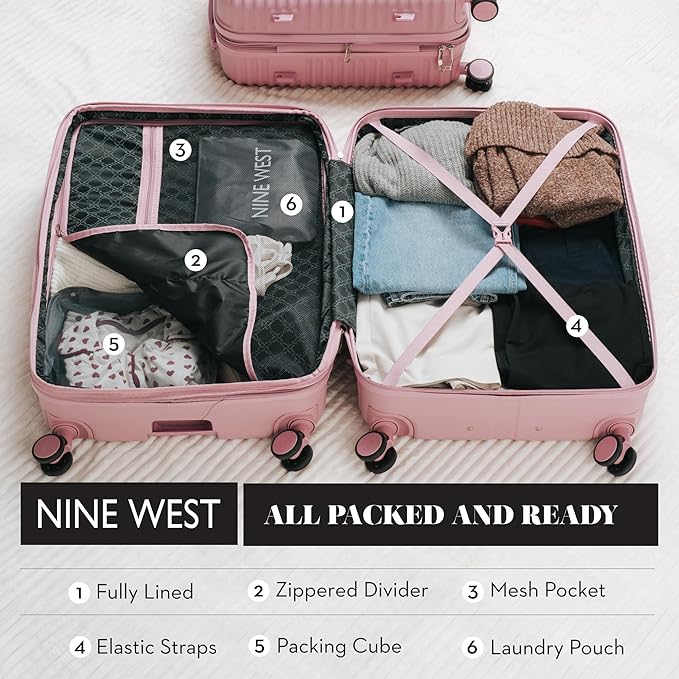 Nine West Suvi 2-Piece Smart Luggage Set (20/28), Hardshell Spinners with Cup Holder & USB Port, Expandable & Scuff-Resistant Surface Muted Lilac