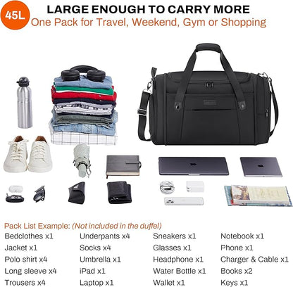 Tourenne 45L Travel Duffel Bag Foldable Weekender Sport Gym Duffle Carry On Luggage with shoe compartment wear/tear resistant water repellent 1680D Ballistic polyester - Black