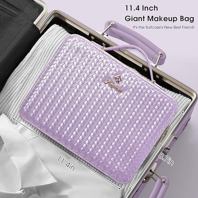 Leather Makeup Case with LED Lighted Mirror 11.4 Inch Travel Makeup Bag Adjustable Brightness in 3 Colors Cosmetic Organizer Artist Storage Bag with Dividers Brush Holder Bag Vanity Shiny Purple